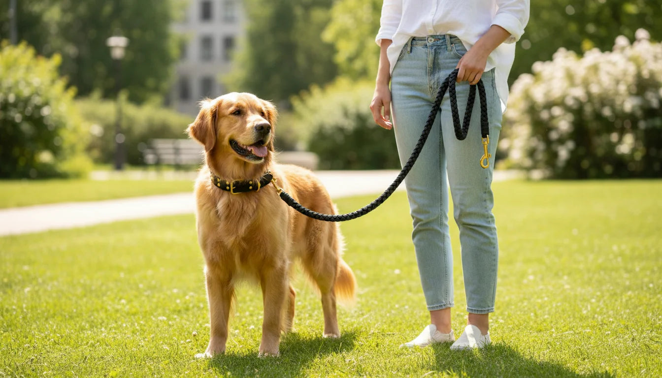 Woman in white shirt and jeans standing with golden retriever on black leash in park