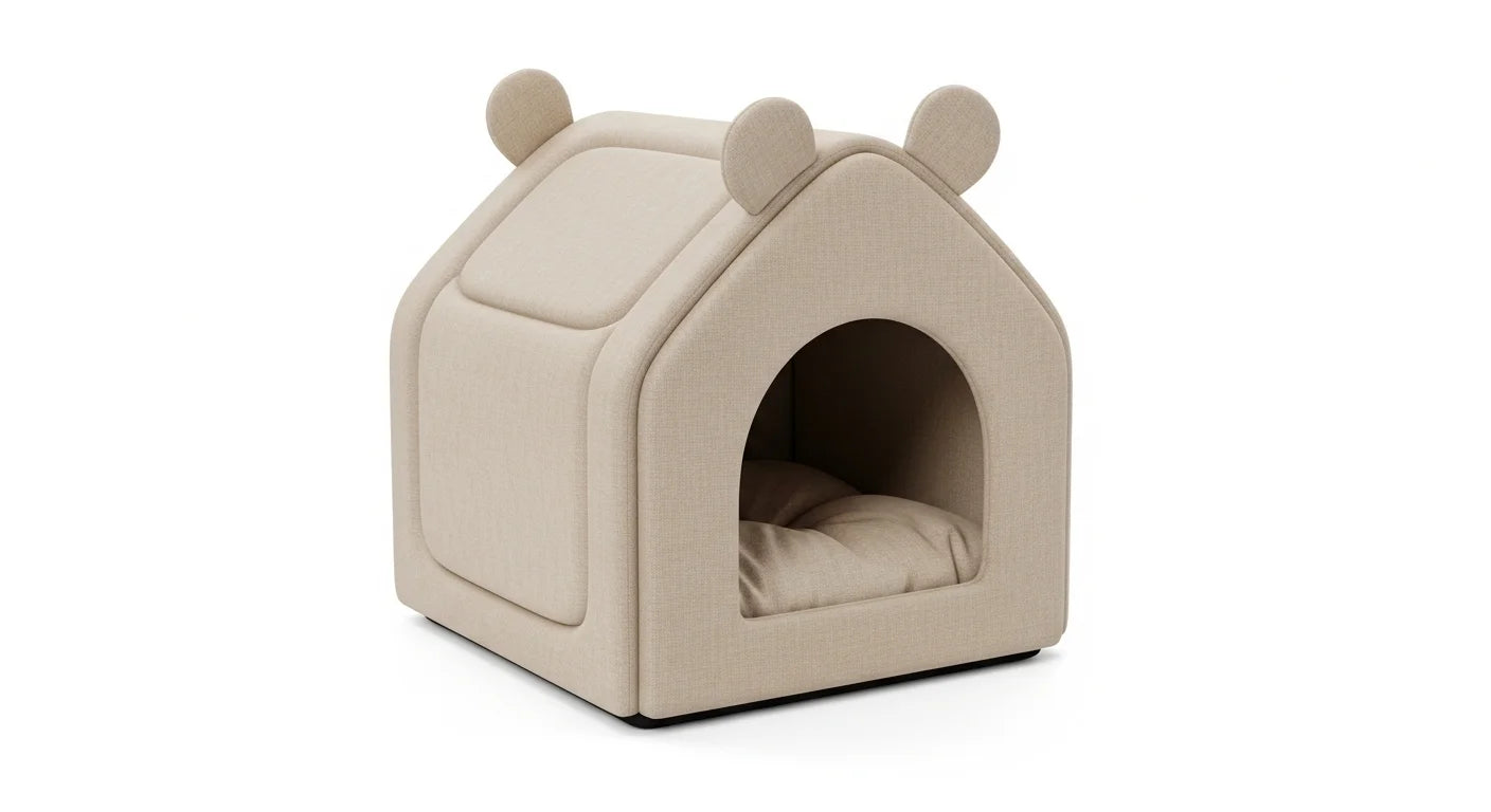 A beige, house-shaped pet bed with a cushioned interior and rounded roof features.