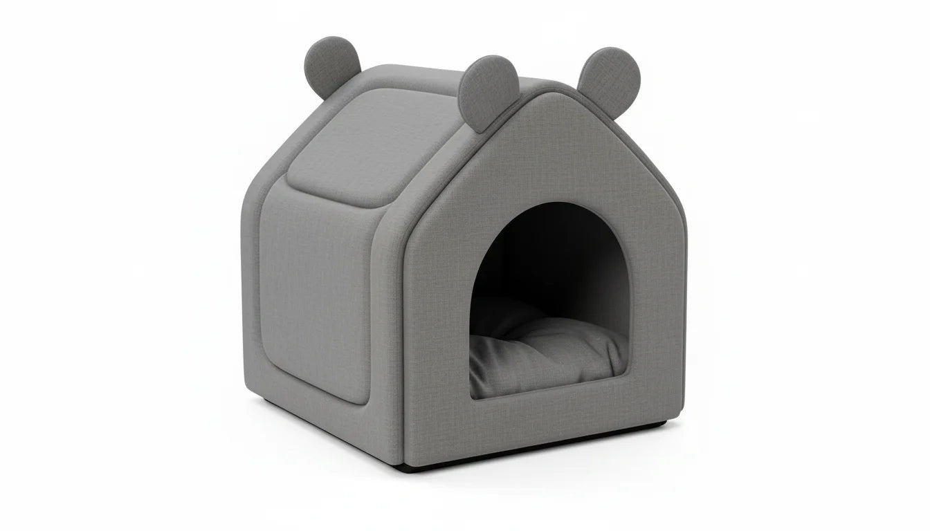 A gray, plush pet bed with a house-like design and rounded ears on top