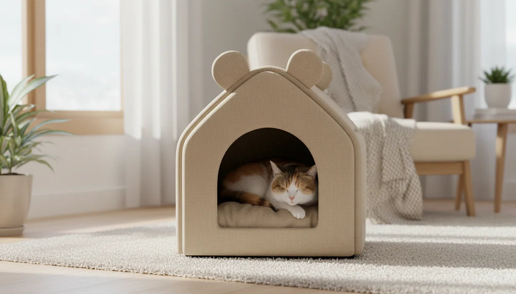 A serene domestic scene featuring a cat resting in a beige house-shaped pet bed on a rug