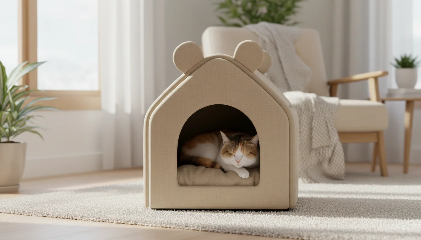 A serene domestic scene featuring a cat resting in a beige house-shaped pet bed on a rug