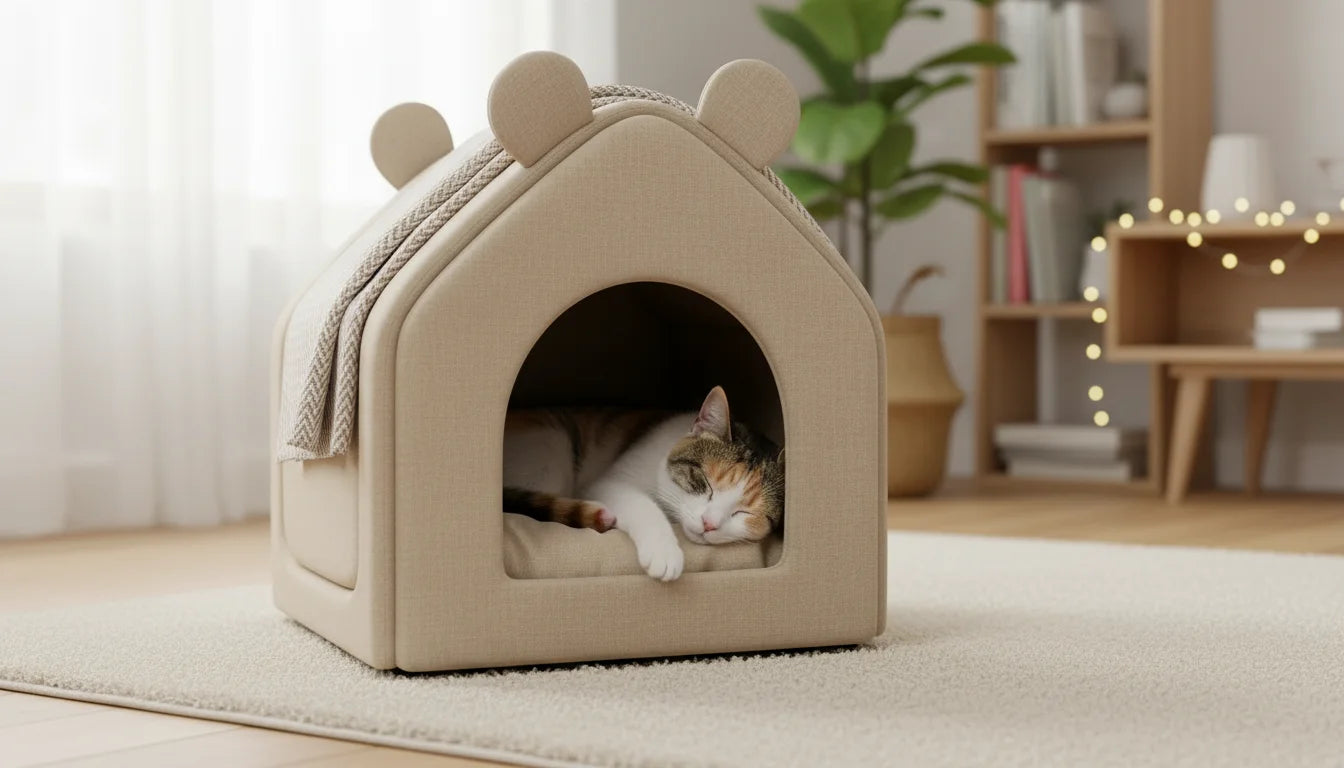 A white, orange, and brown cat lies in a beige cat house with ears on a rug