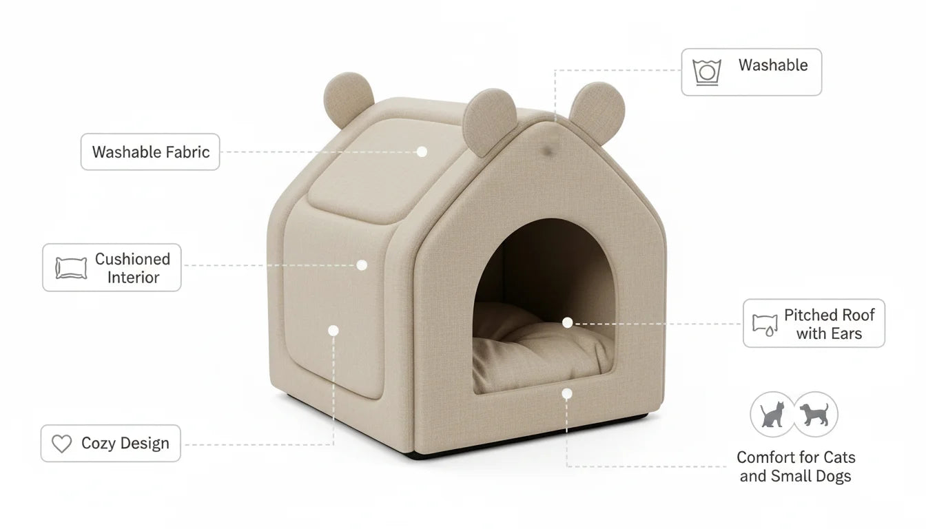 Beige Pet House with Cushioned Interior and Pitched Roof Ears for Cats Small Dogs