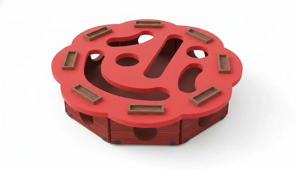 A red octagonal puzzle toy with brown blocks on a white background for problem solving