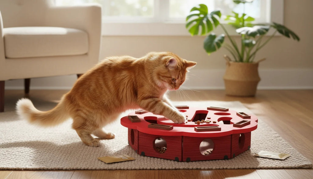 An orange tabby cat playing with a red interactive puzzle toy on a beige rug in a sunlit living