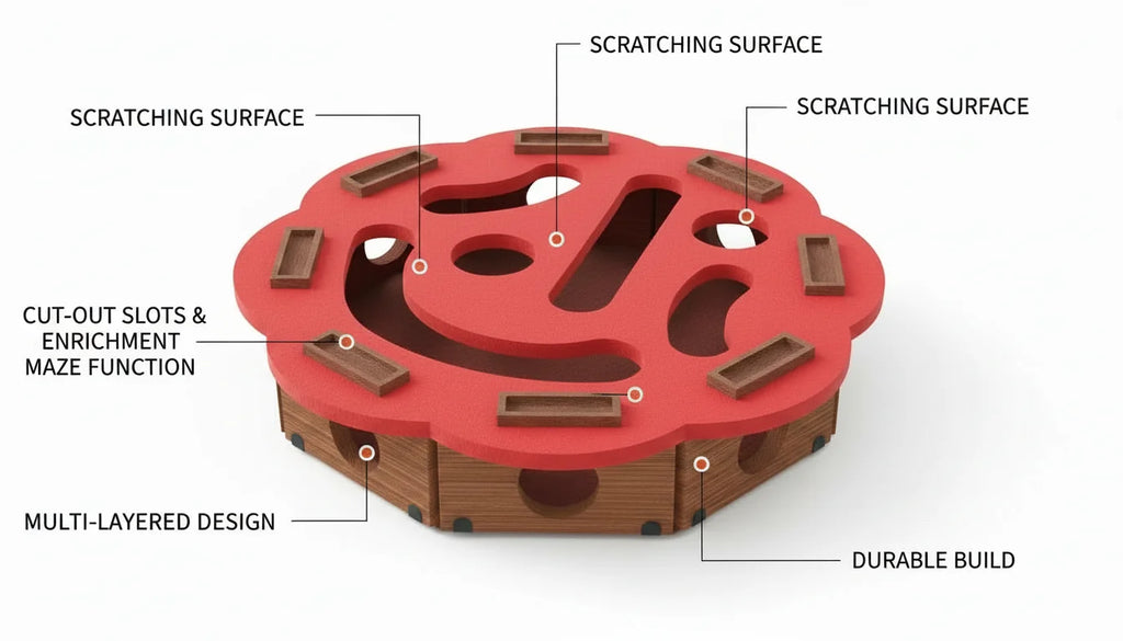 Detailed infographic of a multi-layered cat tower with scratching surfaces and maze