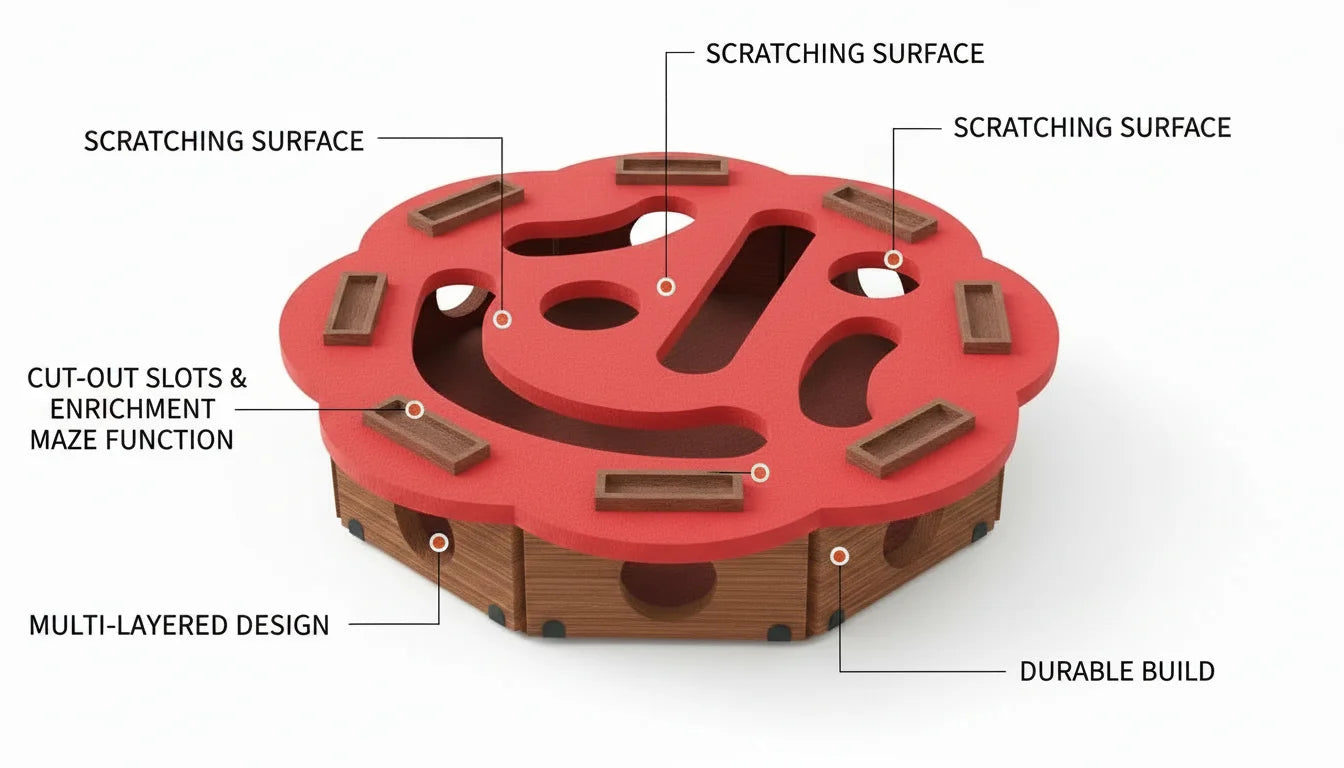 Detailed infographic of a multi-layered cat tower with scratching surfaces and maze