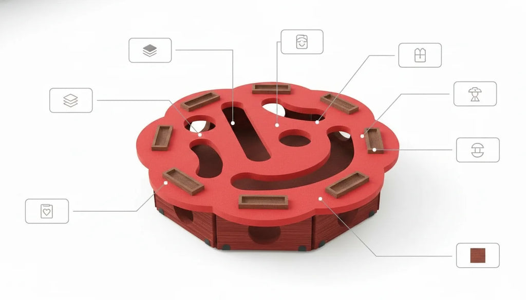 Red mechanical component with various labeled parts and symbols around it on a white background