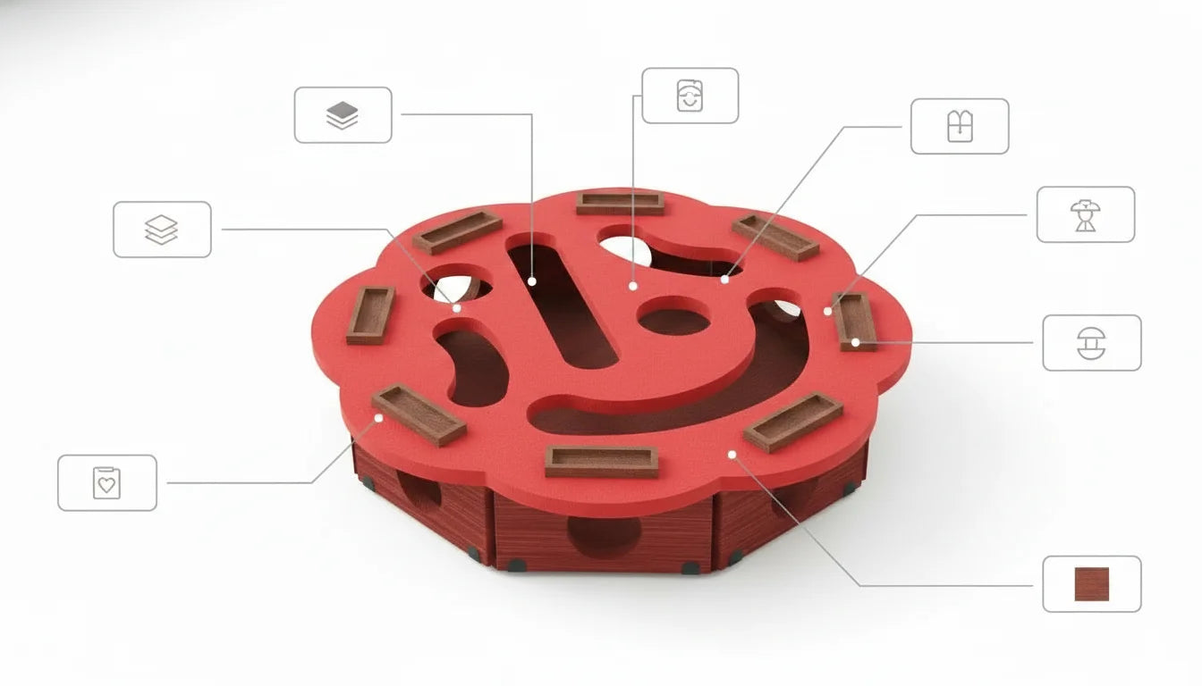 Red mechanical component with various labeled parts and symbols around it on a white background