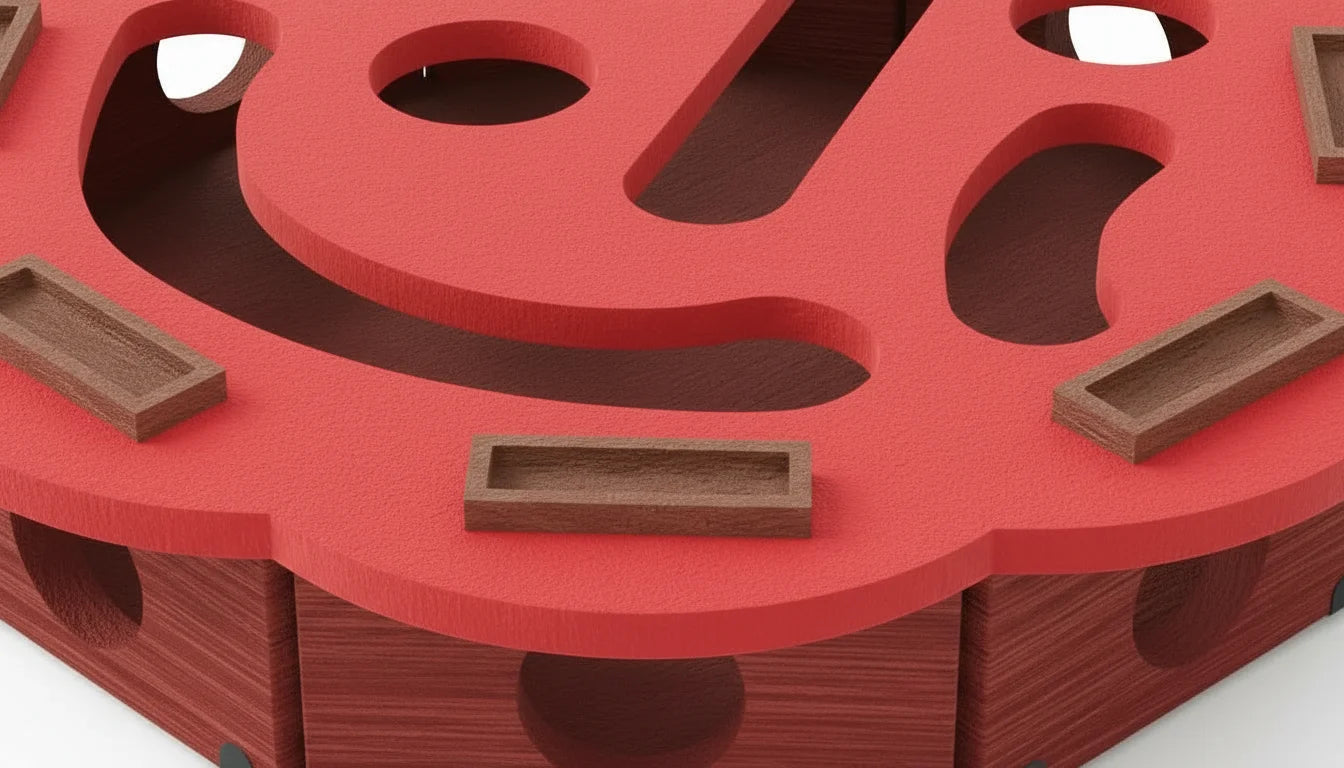 Red wooden maze with small drawers and brown trays on a white surface closeup