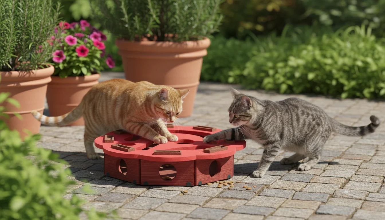 Two curious cats play with a red interactive puzzle toy on a brick patio surrounded by potted