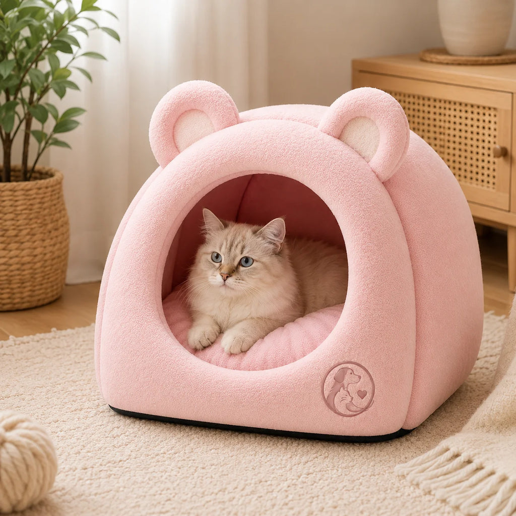 A serene white and orange kitten rests comfortably inside a pink, bear-shaped pet bed with ears