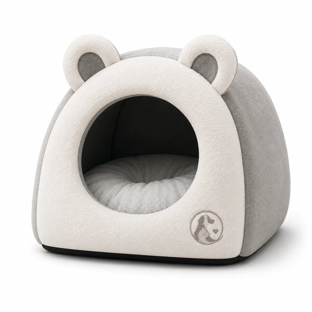 Gray and white pet bed with bear ears and a circular entrance
