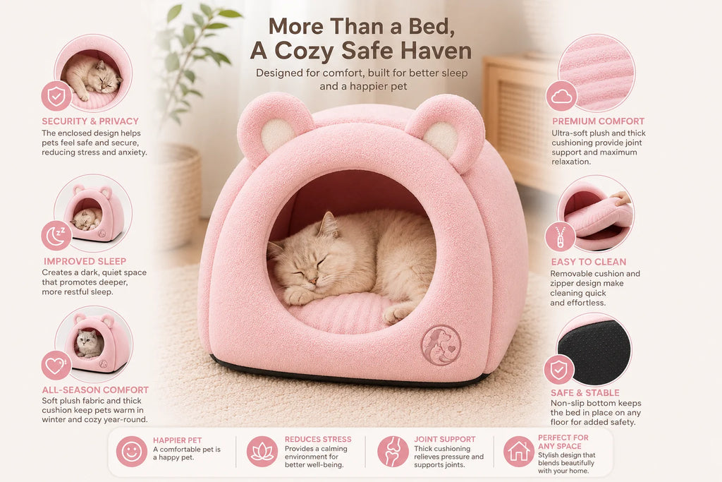 Pink cat bed with a sleeping white cat inside a cozy, cushioned pet house