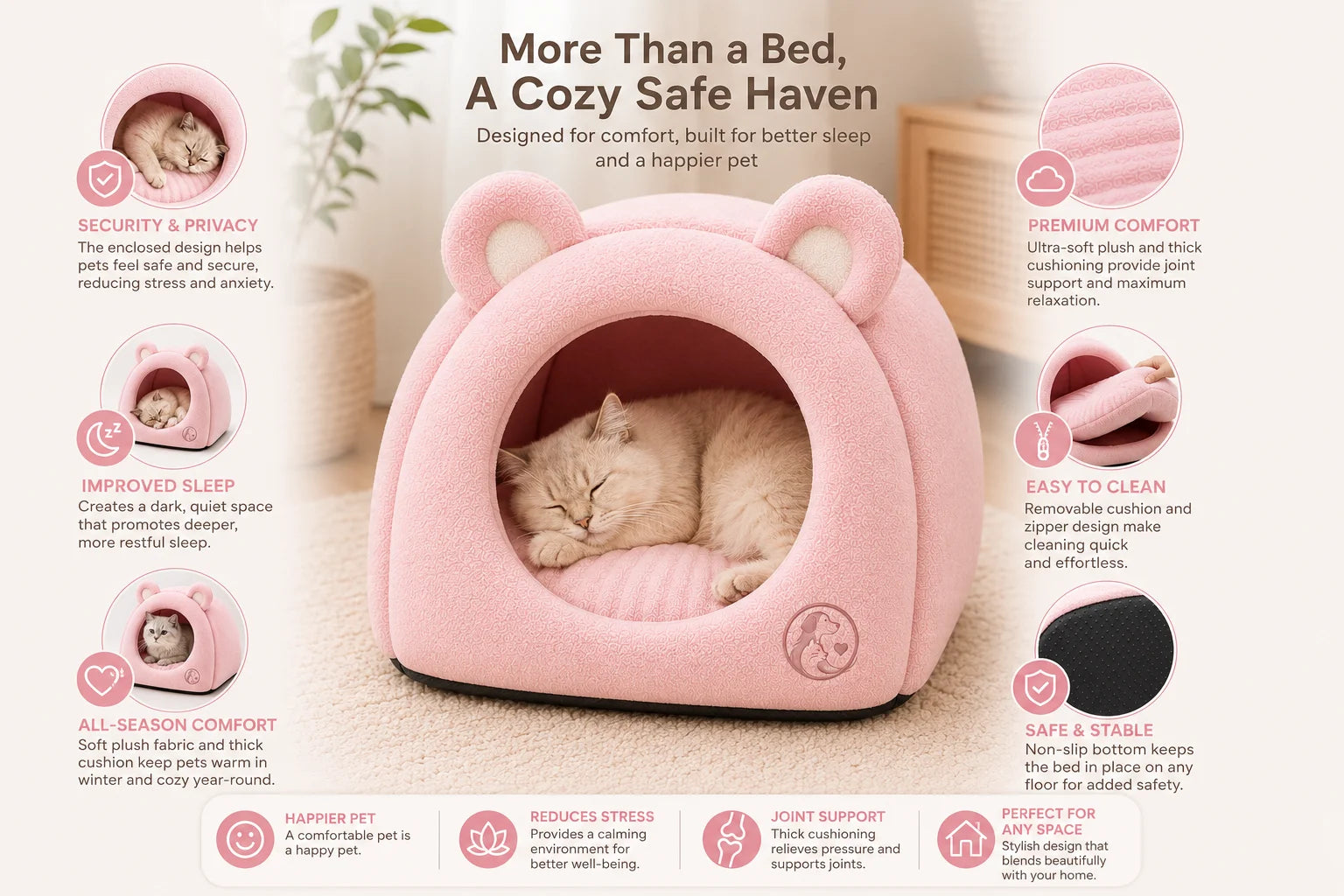 Pink cat bed with a sleeping white cat inside a cozy, cushioned pet house