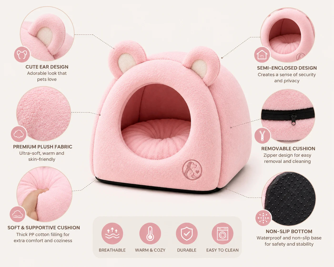 Pink pet bed with semi-enclosed design and cute ear features for comfort