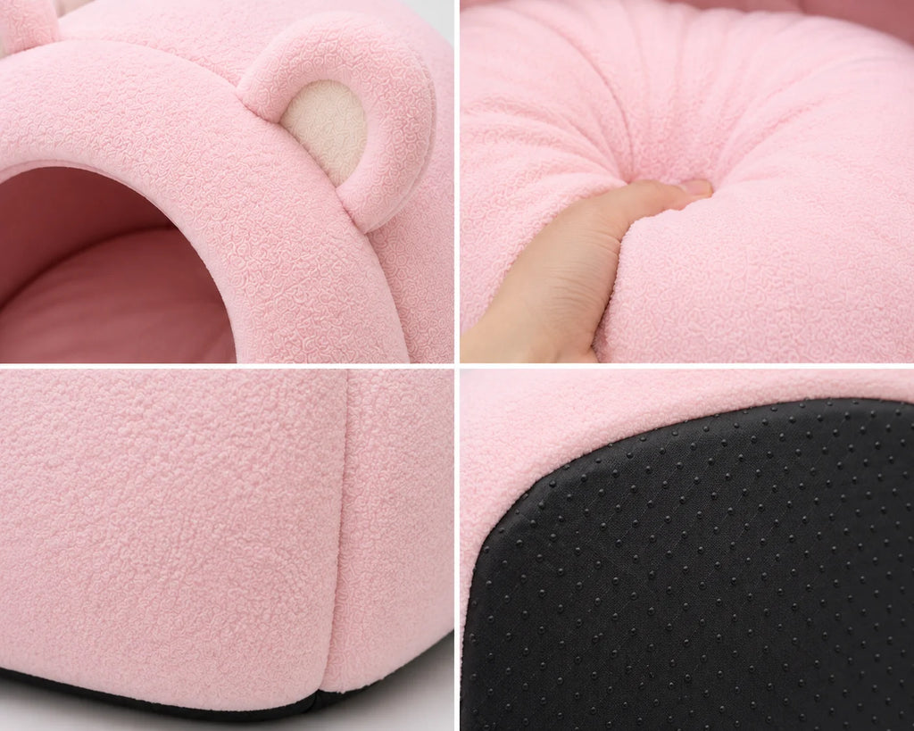 Soft pink plush pet bed with black bottom and white inner ear detail closeups