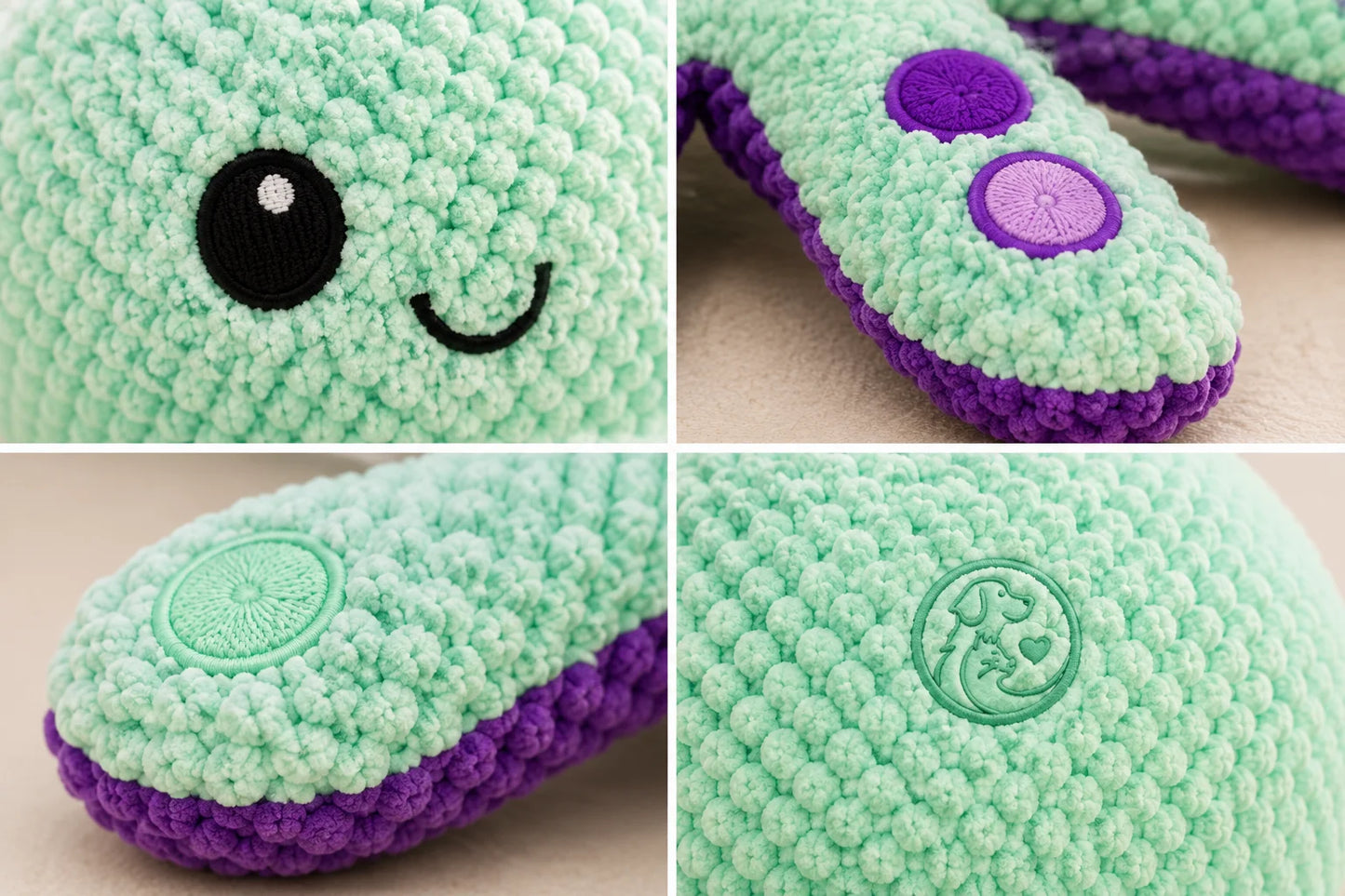 A collage of four close-up photos of a mint green and purple crocheted plush toy with embroidered