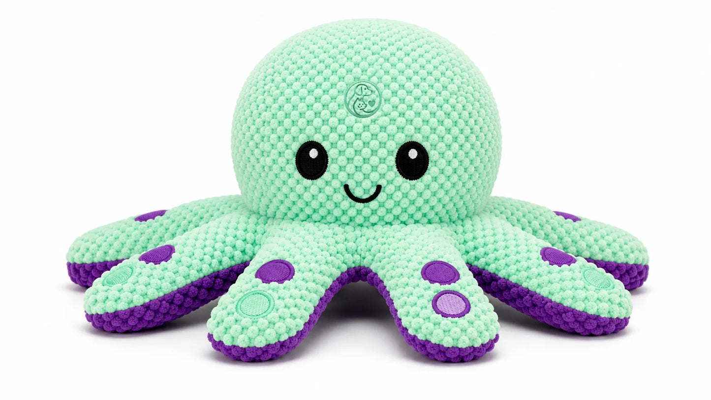 A mint green and purple crocheted octopus plush toy with a smiling face and eight tentacles