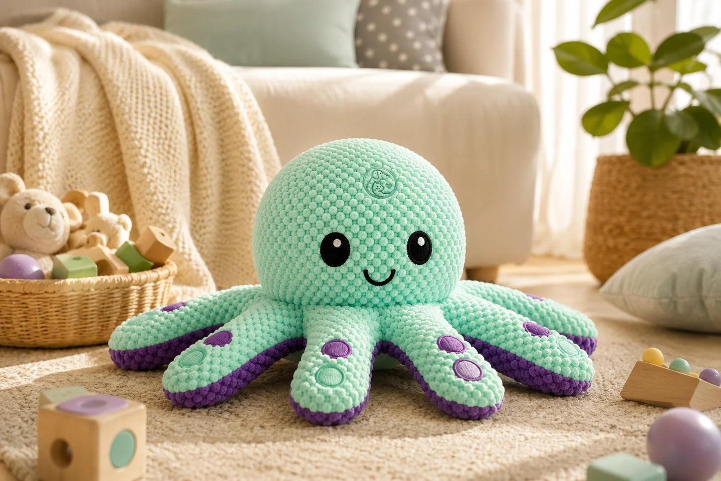 A mint green crochet octopus toy with purple suckers and a smiling face sits on a beige