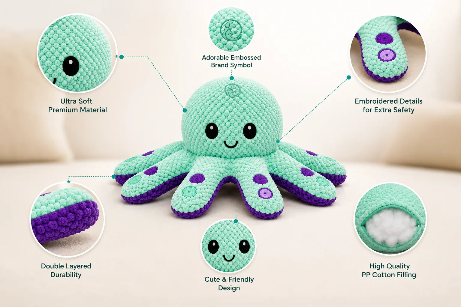A plush mint green and purple octopus toy with embroidered details and soft material