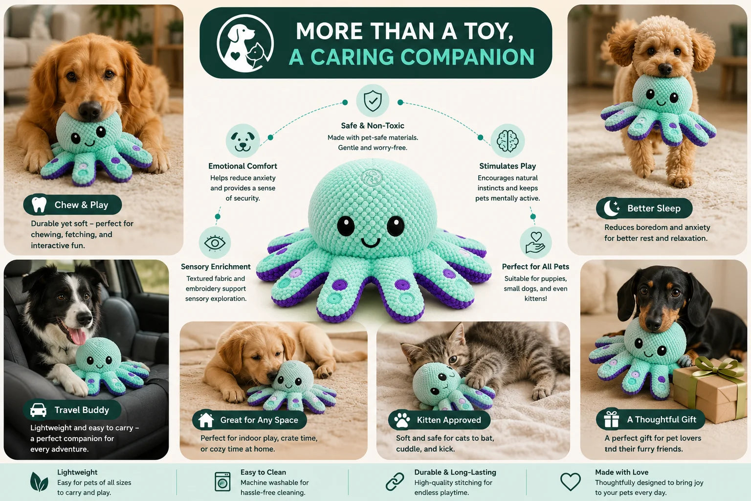 Cute octopus stuffed animal toy for dogs and cats to chew and play with safely