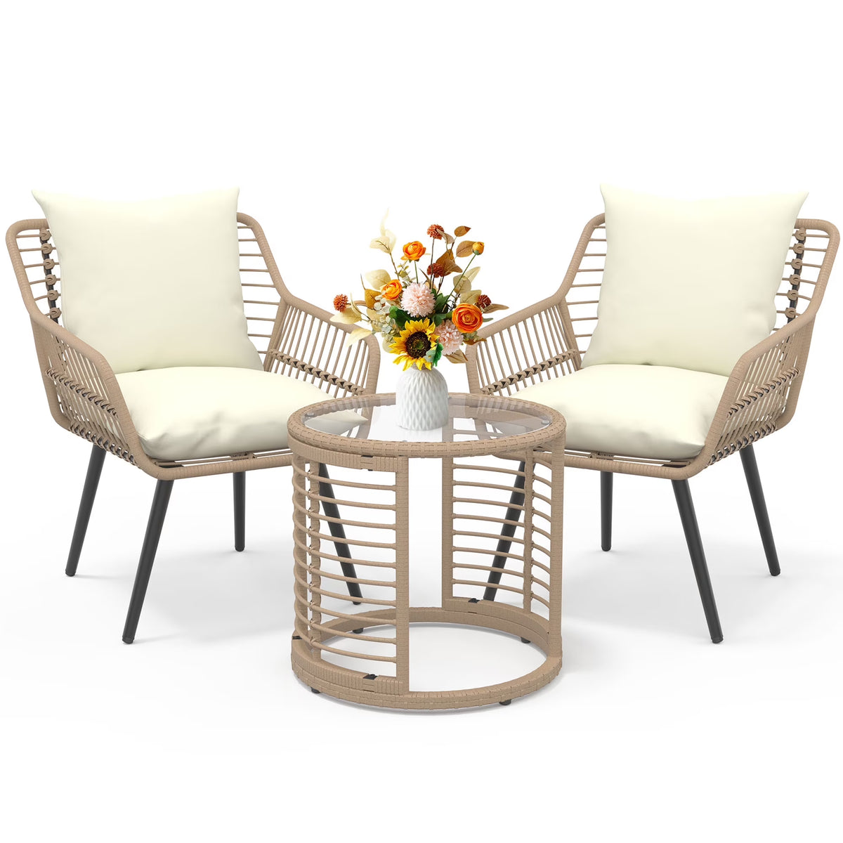 3-Piece Steel Outdoor Bistro Sets with Metal Chairs and Glass Top Table, Beige(3PCS/Yellow+Beige/Round Table)