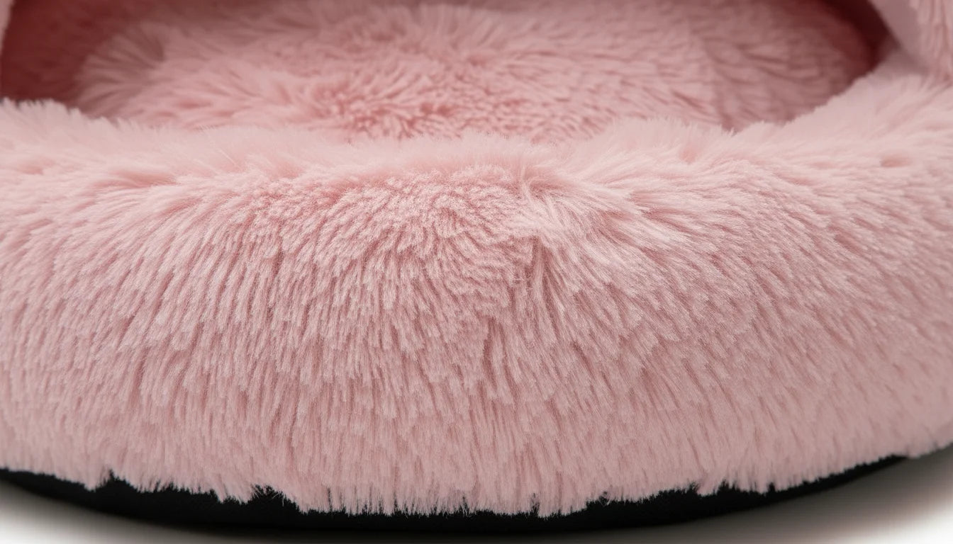 A close-up view of a plush pink pet bed with a black bottom and soft, fuzzy interior