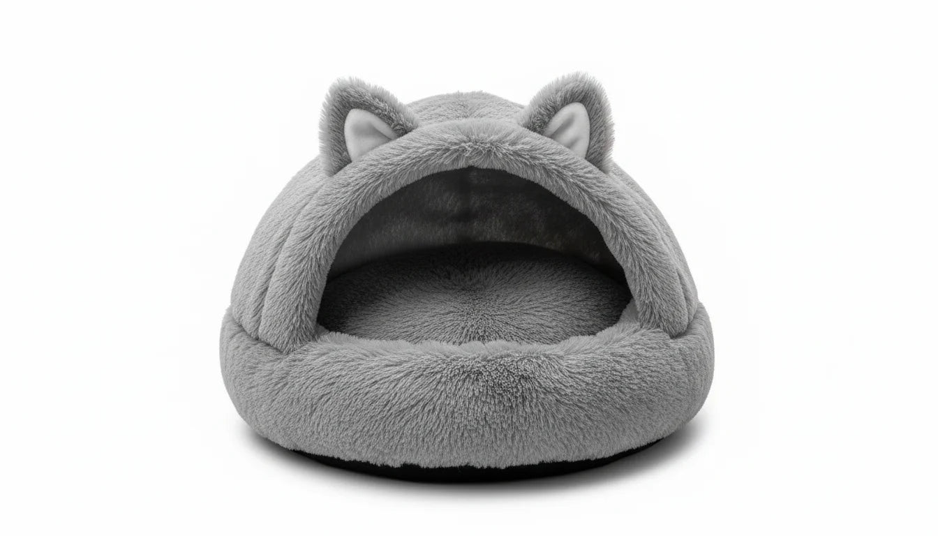A gray, plush, wolf-like pet bed with ears on a white background, viewed from the front