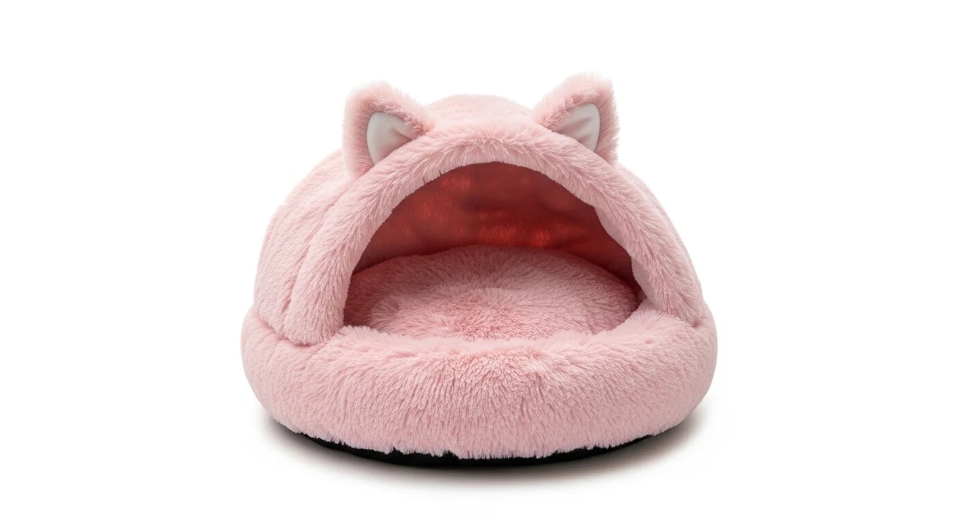 A pink fuzzy cat ear pet bed with white inner ears on a white background.