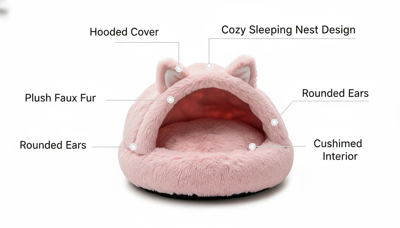A pink plush pet bed with faux fur, a hooded cover, and rounded ears for comfort