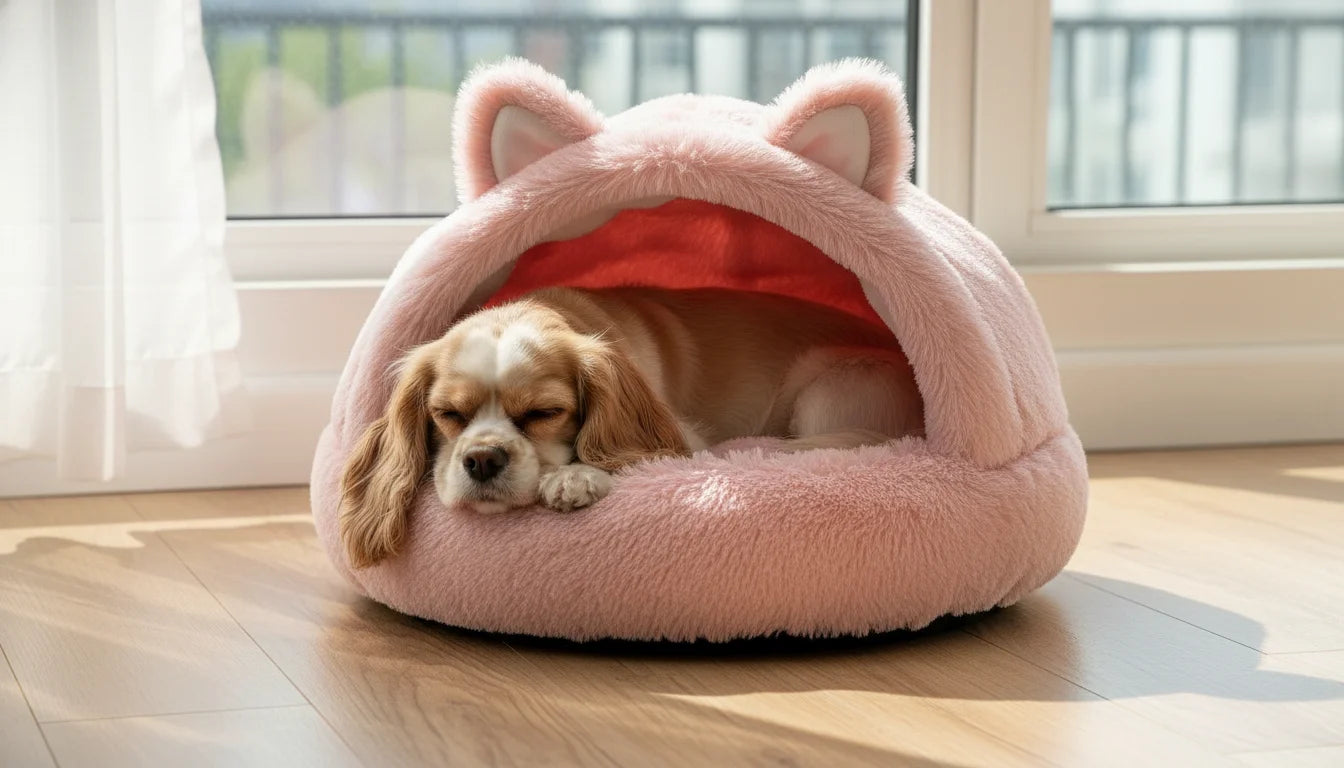 A small brown and white dog sleeps peacefully in a pink fuzzy pet bed with cat ears on a wooden