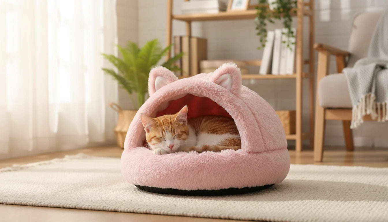An adorable orange and white cat sleeps peacefully in a pink fuzzy cat bed with ears on a rug in
