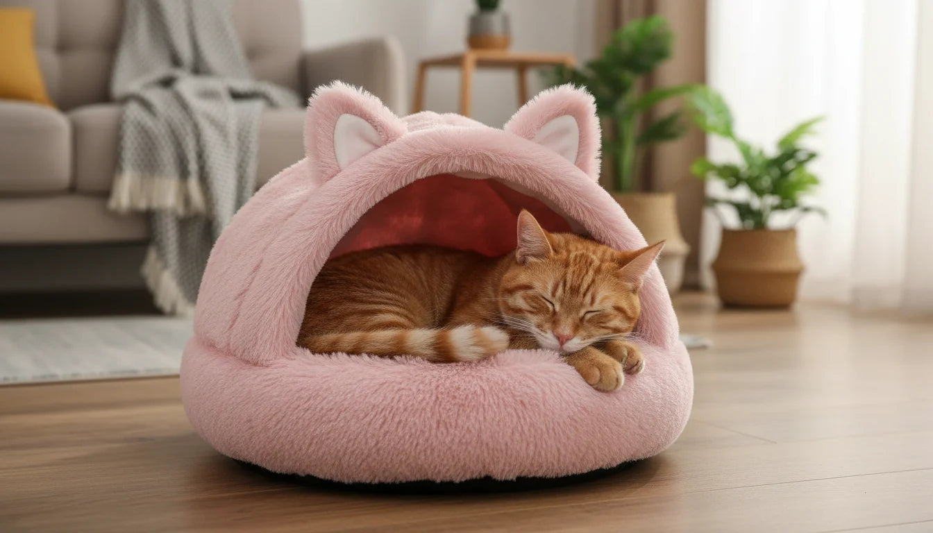An orange tabby cat sleeps peacefully in a pink fuzzy pet bed with cat ears on a wooden floor in