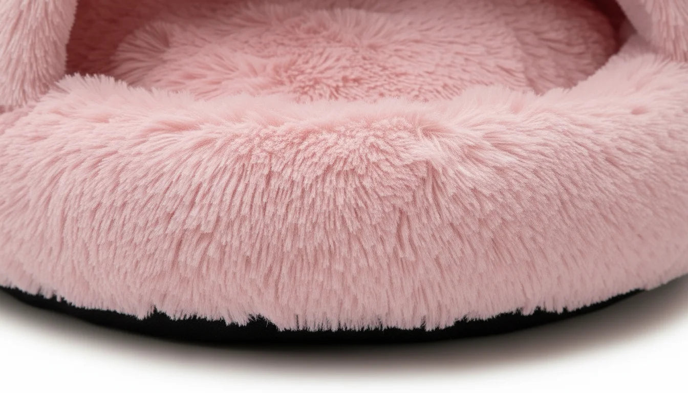 Close-up of a plush pink pet bed with a soft fuzzy exterior and black base