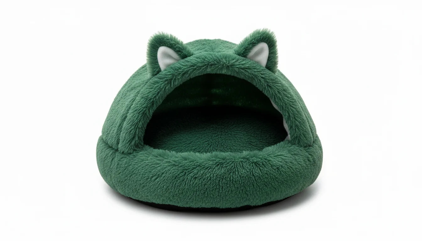 Green plush cat bed with white inner ears on top, resembling a frog’s head, isolated on white