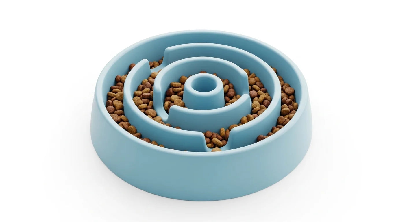 A blue puzzle dog bowl filled with brown kibble on a white background for pets.