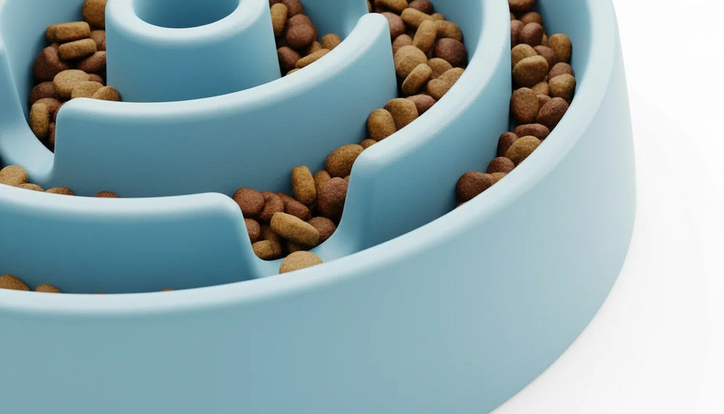 A close-up view of a light blue interactive dog food puzzle bowl filled with brown kibble on