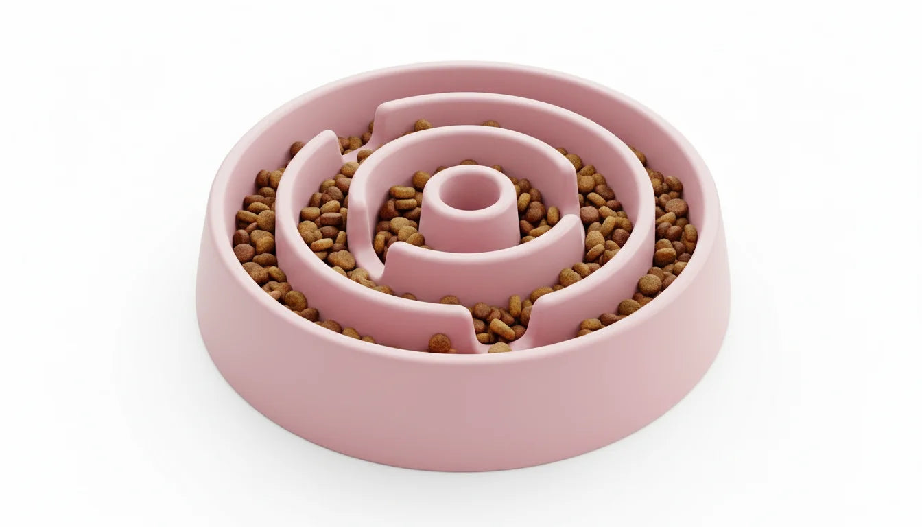 A pink maze dog bowl filled with brown kibble on a white background for slow eating