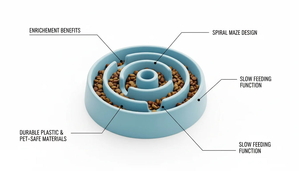 Blue plastic spiral maze dog bowl with kibble and labelled features for slow feeding