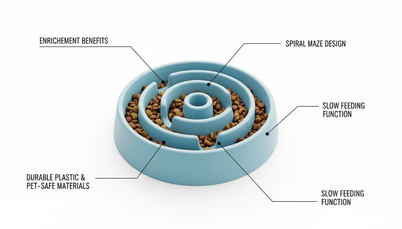 Blue plastic spiral maze dog bowl with kibble and labelled features for slow feeding