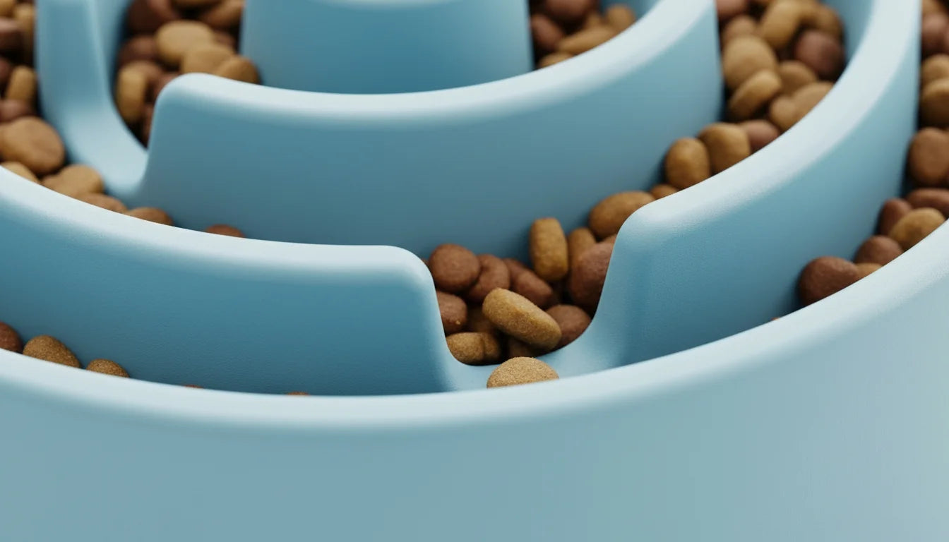 Close-up of a blue dog food puzzle bowl filled with brown kibble
