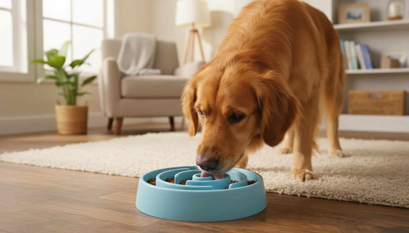 Golden retriever dog eating from blue puzzle feeder on rug in living room with furniture