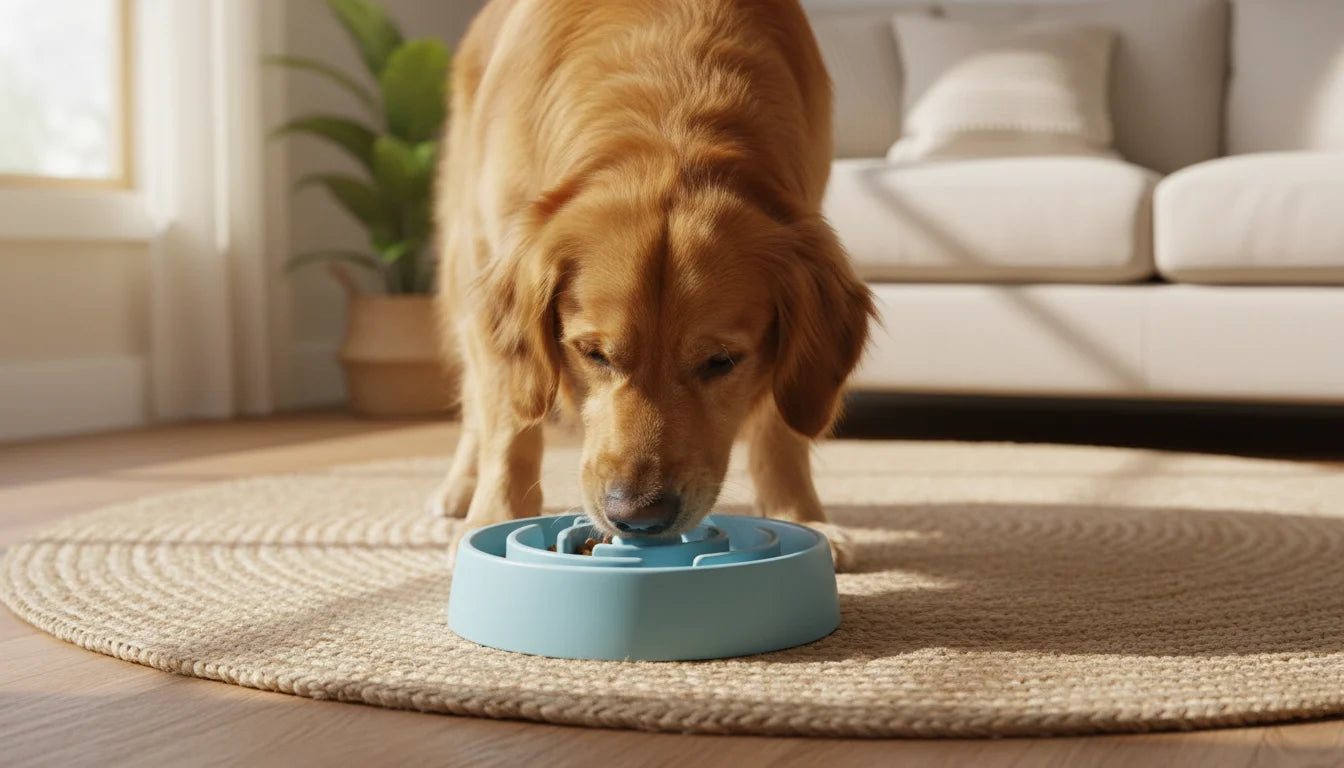Golden retriever dog eats from blue puzzle feeder on woven rug in living room