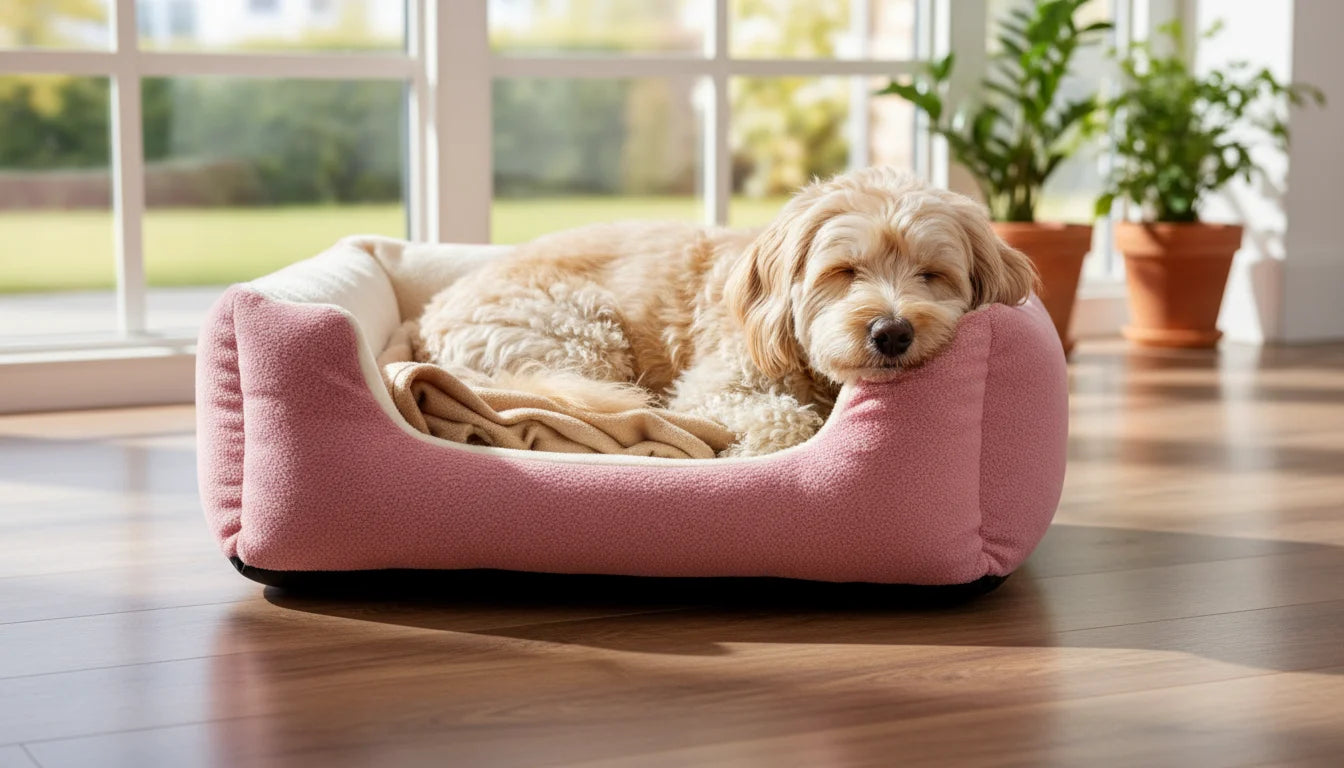 A golden doodle dog rests comfortably in a pink dog bed on a wooden floor in front of a window