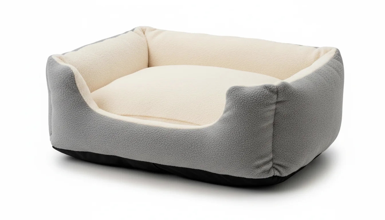 A gray and cream colored dog bed with a black base on a white background