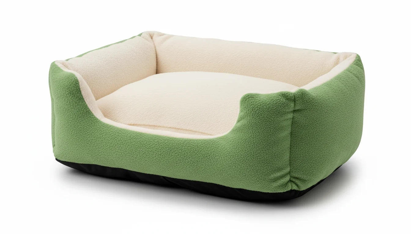 A green and cream colored dog bed with a black base on a white background