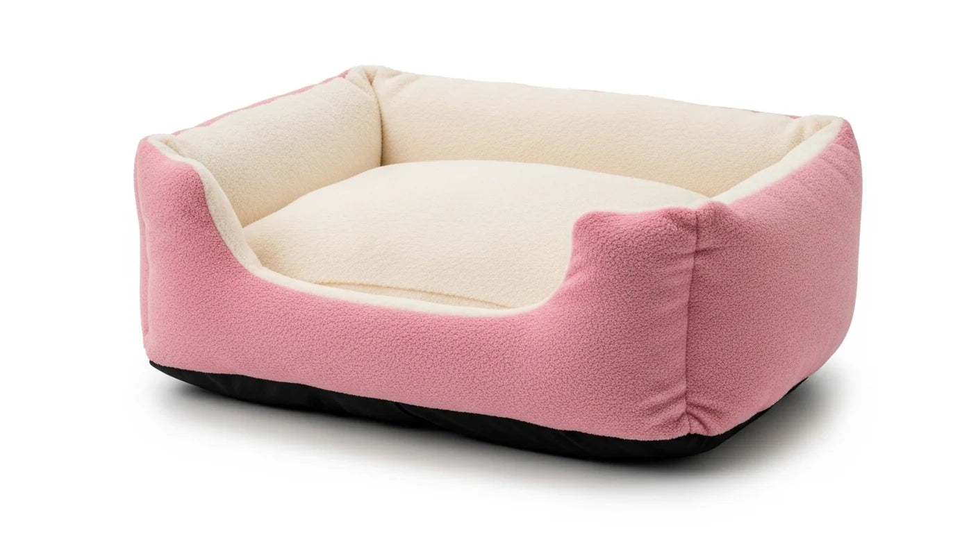 A pink and white dog bed with a black base on a plain white background for pets.