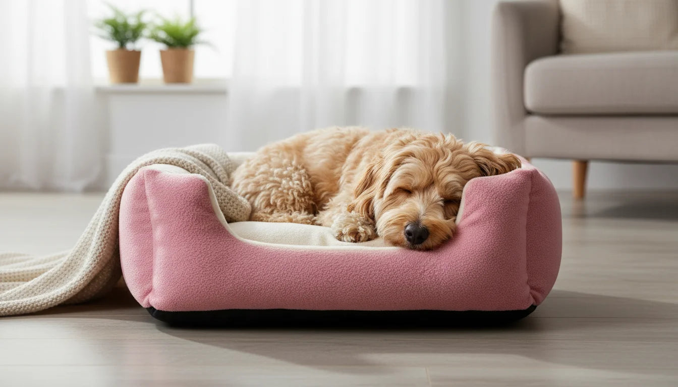 A serene dog rests on a pink dog bed with a beige blanket in a bright room