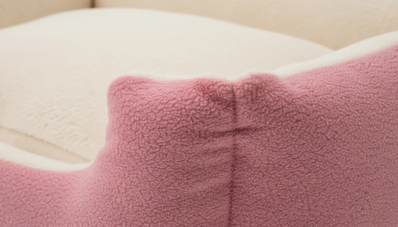 Close-up of a pink and white pillow on a beige couch with a soft, fuzzy texture